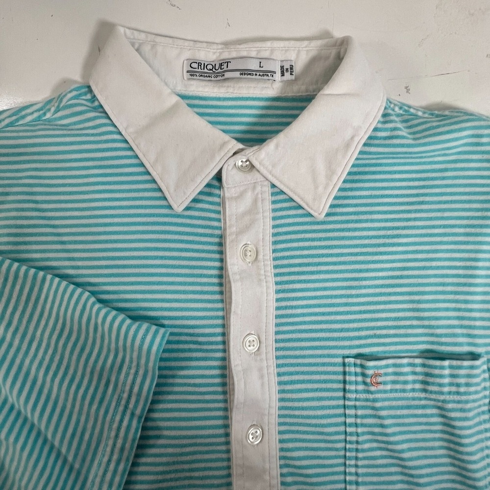 Criquet Mens Organic Cotton Striped Polo‎ Shirt W/ Pocket Large White Collar
